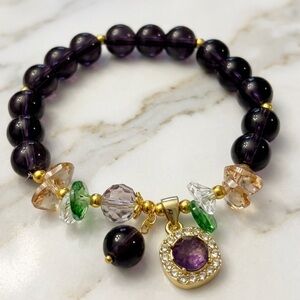 Amethyst & Crystal Beaded Charm Bracelet NWOT